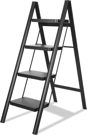 Fixer 4-Step Folding Ladder, Heavy Duty 150kg Capacity Steel Step Stool for Adults, Anti-Slip Pedals, Multi-Use Kitchen Step Ladder, Compact & Sturdy for Home, Closet, and More – Black