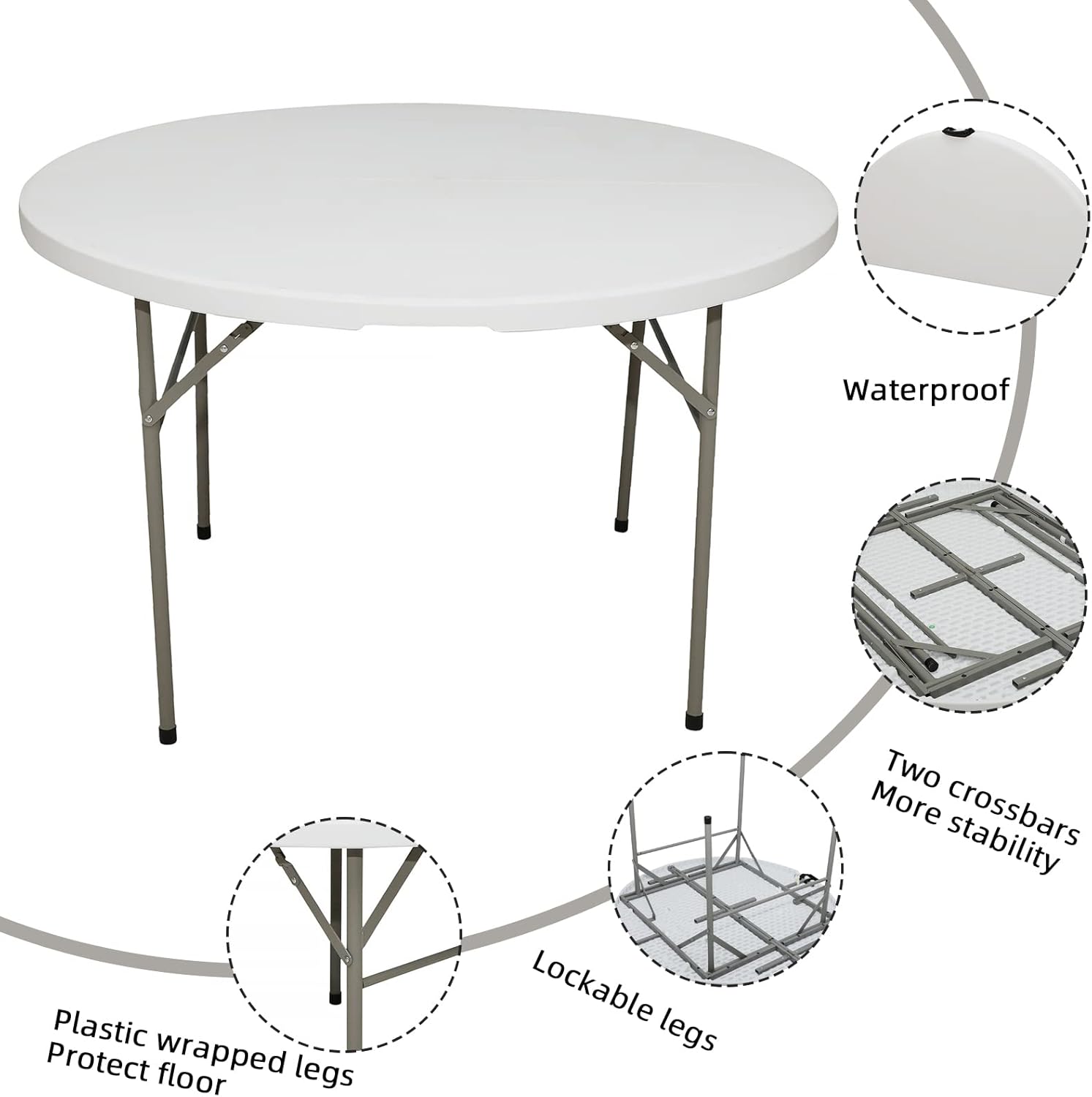 FIXER Round All-Occasion Plastic Folding Event Table, Foldable Portable Banquet Table for Indoor | Outdoor Events | White | DIA 120 * 75cm - Image 6
