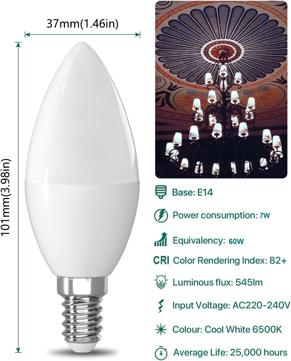 LED Candelabra Light Bulbs, White 6500K, E14 Base, 7W Candle Light Bulbs, Non-Dimmable, 220V, 10 Pack - Image 3